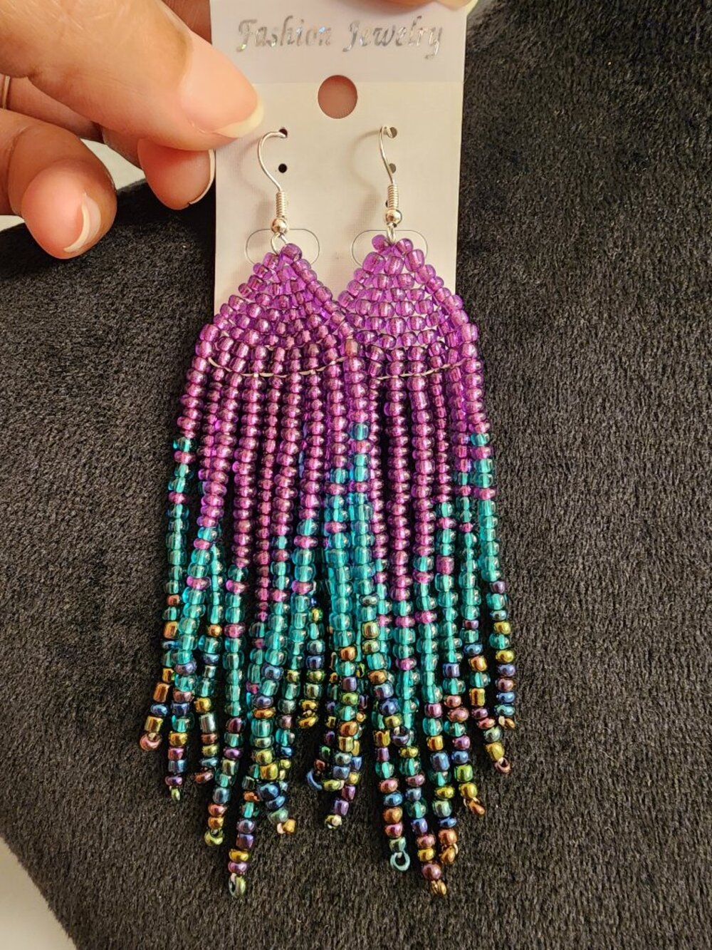 Mermaid Jewel Ombre Seed Bead Fringe Statement Earrings